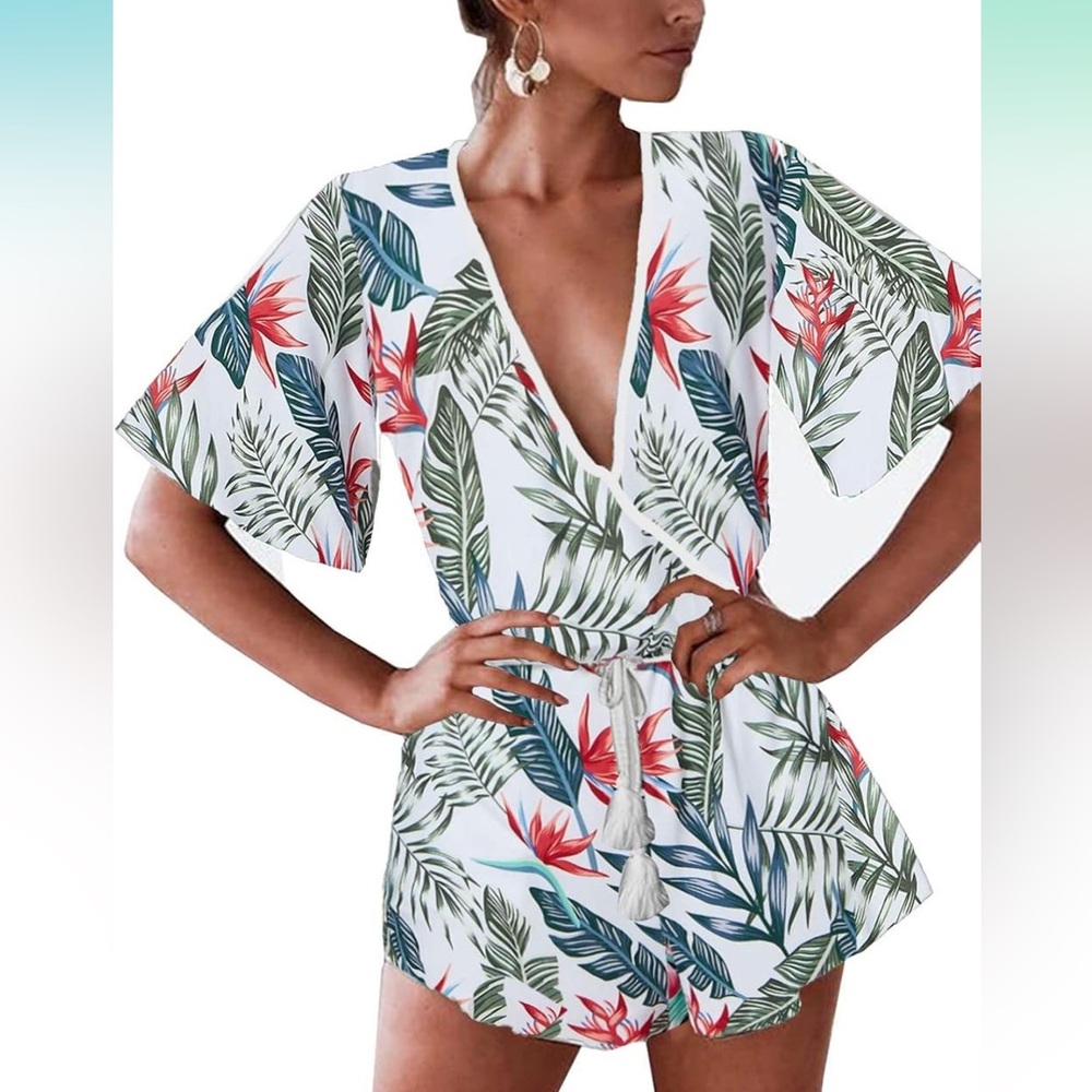 WOMENS ROMPER. V NECK, FAMULILY  WRAPAROUND SHORT LARGE JUMPSUIT. TROPICAL PRINT